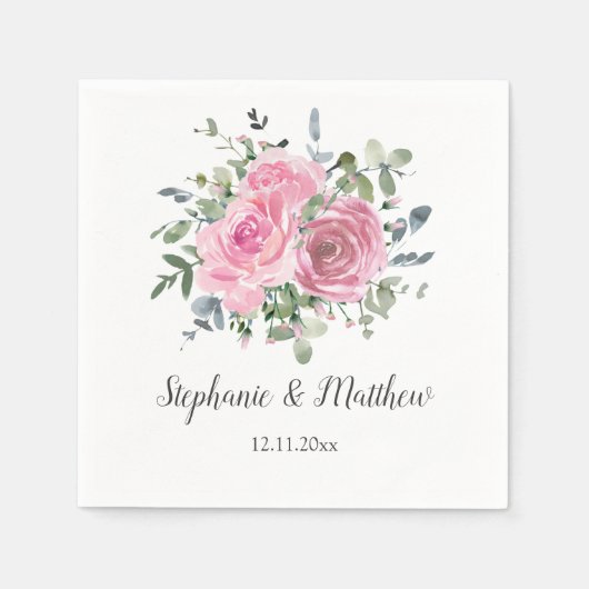 Serviette En Papier Roses roses roses Dusty Eucalyptus Mariage botaniq (Devant)