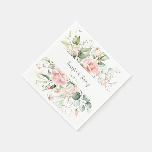 Serviette En Papier Roses roses roses Or Feuilles Eucalyptus Vert (Coin)