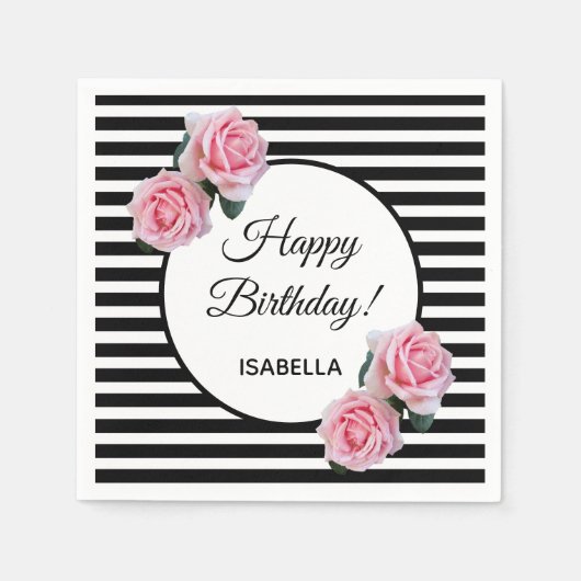 Serviette En Papier Roses roses sur rayures blanches noires Joyeux ann (Devant)