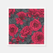 Serviette En Papier Roses rouges avec feuilles gris sur noir (Devant)