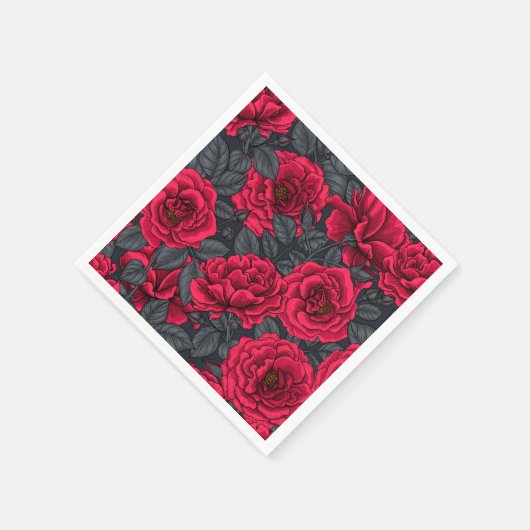 Serviette En Papier Roses rouges avec feuilles gris sur noir (Coin)