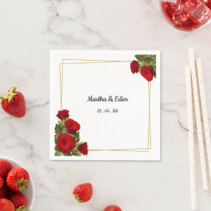 Serviette En Papier Roses Rouges Cadre Doré Élégant Mariage Espagnol