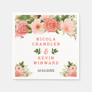 Serviette En Papier Roses rouges corail avec feuillage