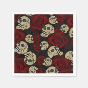 Serviette En Papier Roses Rouges & Crânes Floral Gothique Gris Noir