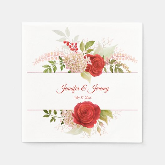 Serviette En Papier Roses rouges d'hiver et Mariage de verdure | (Devant)