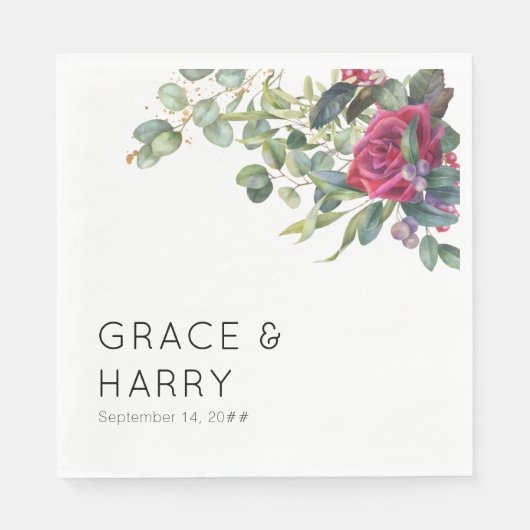 Serviette En Papier Roses rouges et serviettes Mariages d'Eucalyptus (Devant)