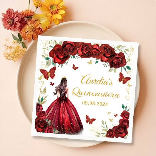 Serviette En Papier Roses rouges Papillons floraux Princesse Quinceane