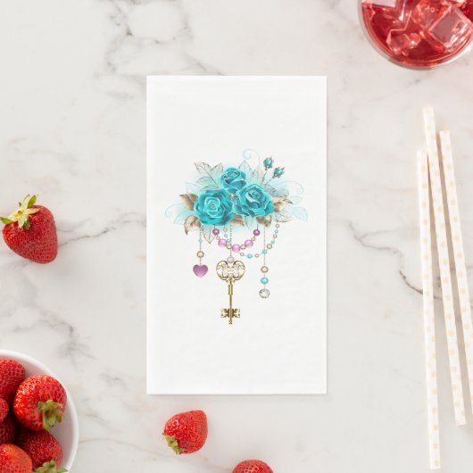 Serviette En Papier Roses turquoise avec touches (En situation)
