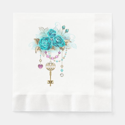 Serviette En Papier Roses turquoise avec touches (Devant)