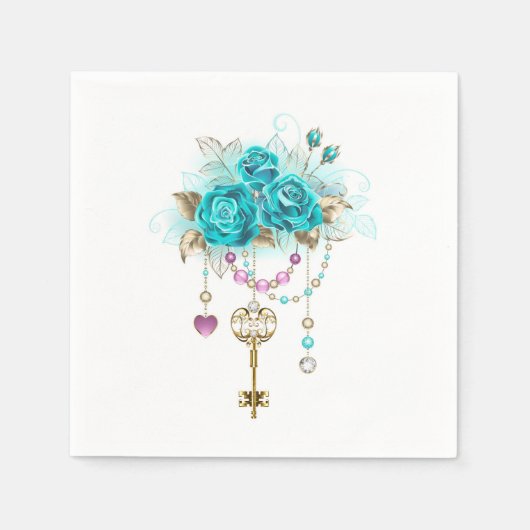 Serviette En Papier Roses turquoise avec touches (Devant)