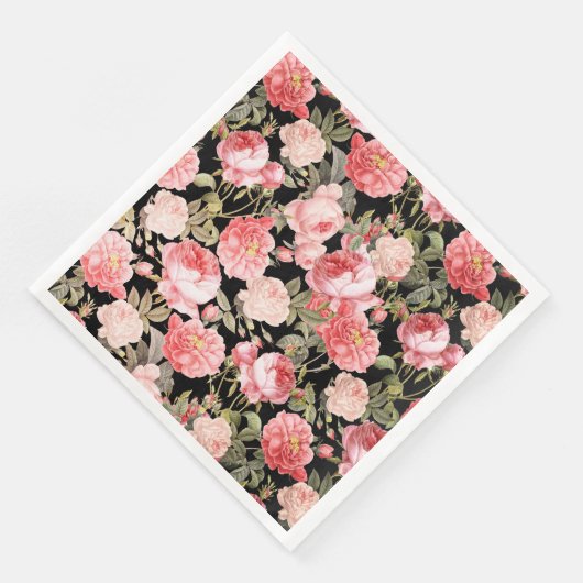 Serviette En Papier Roses victoriens roses sur Motif noir (Coin)