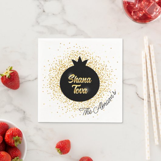 Serviette En Papier Rosh Hashanah Grenade mousseuse d'or noir (En situation)