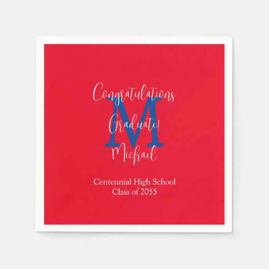 Serviette En Papier Rouge Blanc Bleu Écarpe Nom de graduation Monogram (Devant)
