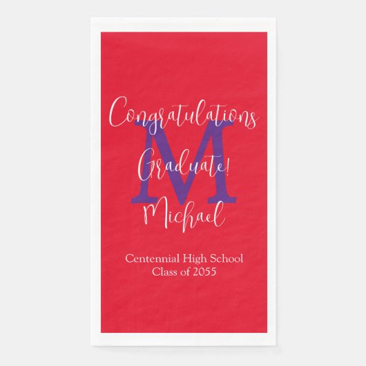Serviette En Papier Rouge Blanc Bleu Nom Monogramme Graduation (Devant)