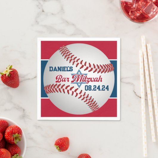 Serviette En Papier Rouge, Blanc, Navy Baseball Bar Mitzvah (En situation)
