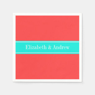 Serviette En Papier Rouge Corail Uni, Ruban Aqua Clair Monogramme du N