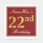 Serviette En Papier Rouge élégant, Faux Gold 22e anniversaire + Nom pe (Devant)