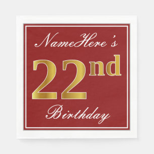 Serviette En Papier Rouge élégant, Faux Gold 22e anniversaire + Nom pe