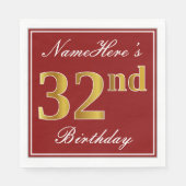 Serviette En Papier Rouge élégant, Faux Gold 32e anniversaire + Nom pe (Devant)