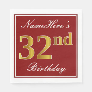Serviette En Papier Rouge élégant, Faux Gold 32e anniversaire + Nom pe
