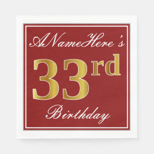 Serviette En Papier Rouge élégant, Faux Gold 33e anniversaire + Nom pe