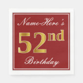 Serviette En Papier Rouge élégant, Faux Gold 52e anniversaire + Nom pe (Devant)