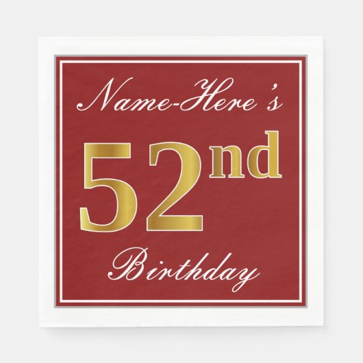 Serviette En Papier Rouge élégant, Faux Gold 52e anniversaire + Nom pe (Devant)