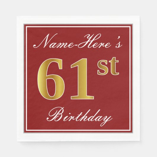 Serviette En Papier Rouge élégant, Faux Gold 61e anniversaire + Nom pe (Devant)