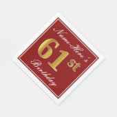 Serviette En Papier Rouge élégant, Faux Gold 61e anniversaire + Nom pe (Coin)