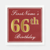 Serviette En Papier Rouge élégant, Faux Gold 66e anniversaire + Nom pe (Devant)