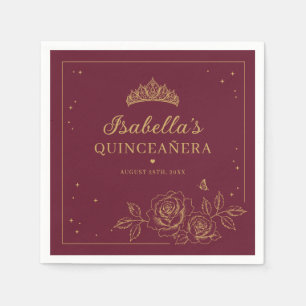 Serviette En Papier Rouge Élégant Or Fleurs Quinceañera