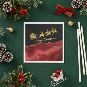 Serviette En Papier Rouge élégant Or Sleigh Santa Joyeux Noël