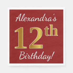 Serviette En Papier Rouge, Faux Gold 12e anniversaire + Nom personnali