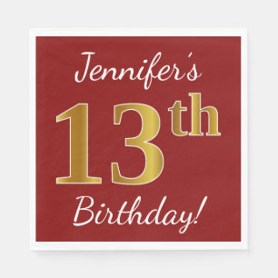 Serviette En Papier Rouge, Faux Gold 13e anniversaire + Nom personnali