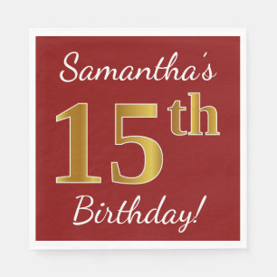 Serviette En Papier Rouge, Faux Gold 15e anniversaire + Nom personnali