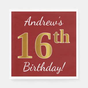 Serviette En Papier Rouge, Faux Gold 16e anniversaire + Nom personnali