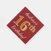 Serviette En Papier Rouge, Faux Gold 16e anniversaire + Nom personnali (Coin)