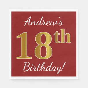 Serviette En Papier Rouge, Faux Gold 18e anniversaire + Nom personnali
