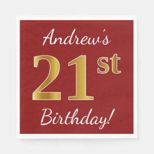 Serviette En Papier Rouge, Faux Gold 21e anniversaire + Nom personnali