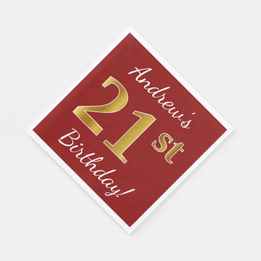 Serviette En Papier Rouge, Faux Gold 21e anniversaire + Nom personnali (Coin)