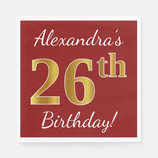 Serviette En Papier Rouge, Faux Gold 26e anniversaire + Nom personnali (Devant)