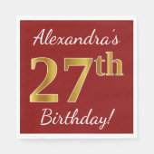 Serviette En Papier Rouge, Faux Gold 27e anniversaire + Nom personnali (Devant)