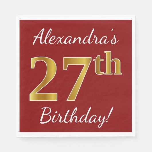 Serviette En Papier Rouge, Faux Gold 27e anniversaire + Nom personnali (Devant)
