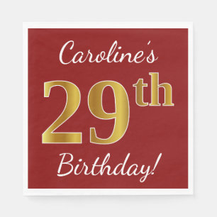 Serviette En Papier Rouge, Faux Gold 29e anniversaire + Nom personnali