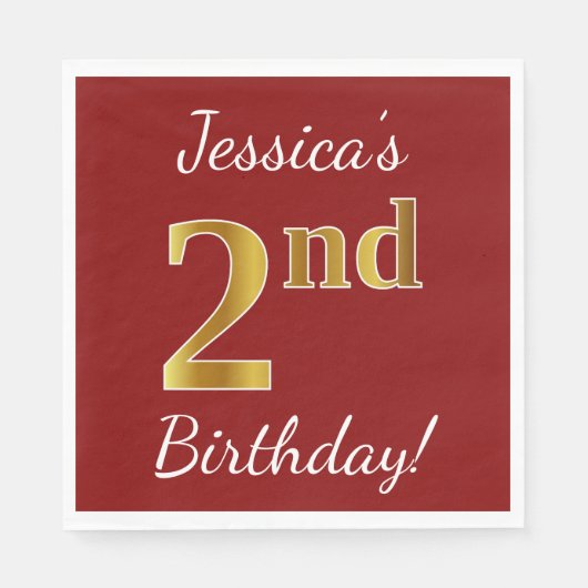 Serviette En Papier Rouge, Faux Gold 2e anniversaire + Nom personnalis (Devant)