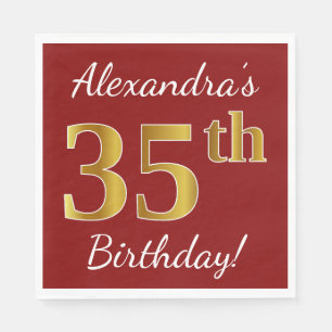 Serviette En Papier Rouge, Faux Gold 35e anniversaire + Nom personnali