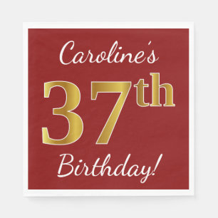 Serviette En Papier Rouge, Faux Gold 37e anniversaire + Nom personnali