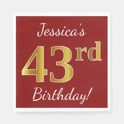 Serviette En Papier Rouge, Faux Gold 43ème anniversaire + Nom personna (Devant)
