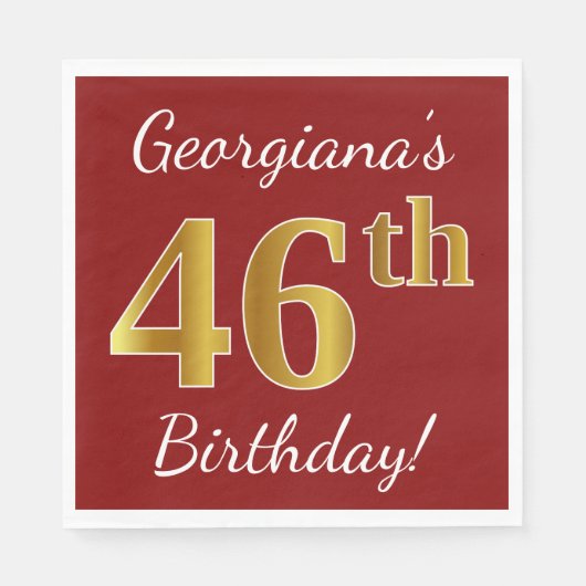 Serviette En Papier Rouge, Faux Gold 46e anniversaire + Nom personnali (Devant)