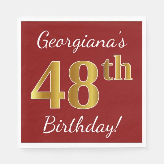 Serviette En Papier Rouge, Faux Gold 48e anniversaire + Nom personnali (Devant)